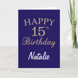 Navy Blue and Gold Glitter 15th Birthday Card