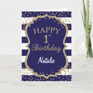 Navy Blue and Gold Glitter 1st Birthday Card