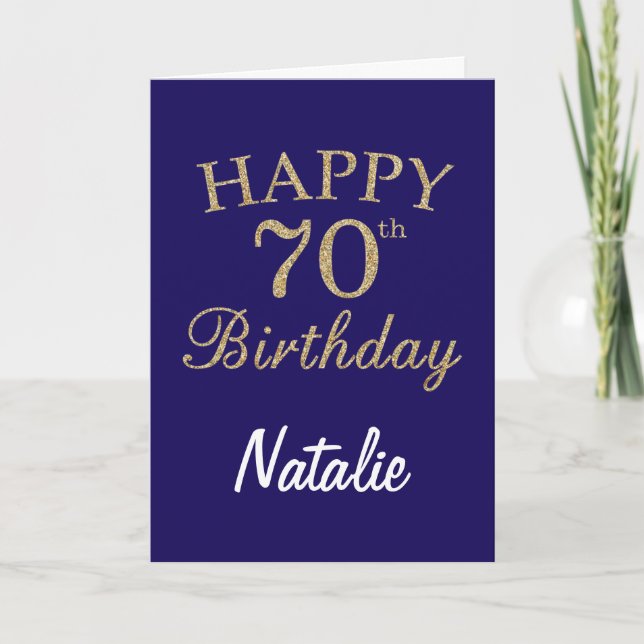 Navy Blue and Gold Glitter 70th Birthday Card (Front)