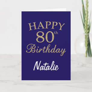 Navy Blue and Gold Glitter 80th Birthday Card