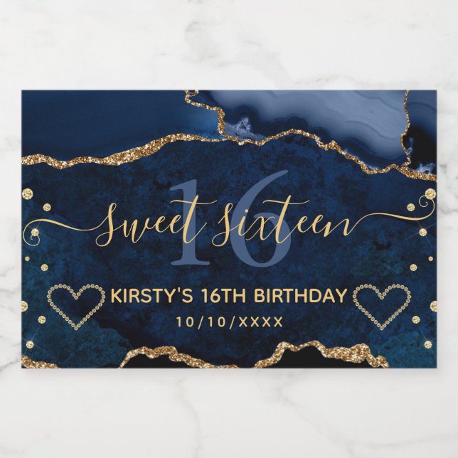 Navy Blue and Gold Glitter Agate Marble Sweet 16 Sparkling Wine Label (Single Label)
