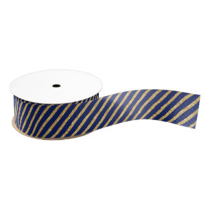 Navy Blue and Gold Glitter Diagonal Stripe Pattern Grosgrain Ribbon