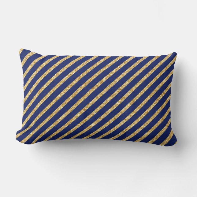 Navy Blue and Gold Glitter Diagonal Stripe Pattern Lumbar Pillow (Front)