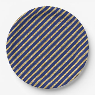 Navy Blue and Gold Glitter Diagonal Stripe Pattern Paper Plate