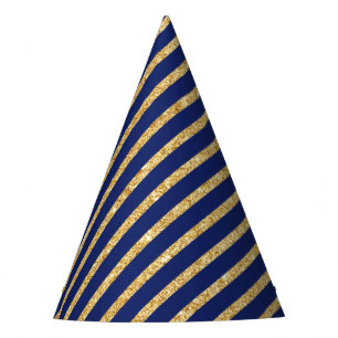 Navy Blue and Gold Glitter Diagonal Stripe Pattern Party Hat