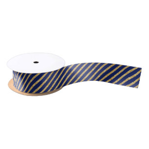 Navy Blue and Gold Glitter Diagonal Stripe Pattern Satin Ribbon