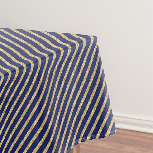 Navy Blue and Gold Glitter Diagonal Stripe Pattern Tablecloth (In Situ)