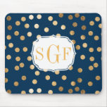 Navy Blue and Gold Glitter Dots Monogrammed Mouse Pad