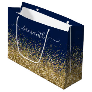 Navy Blue and Gold Glitter Elegant Name Large Gift Bag