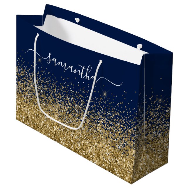 Navy Blue and Gold Glitter Elegant Name Large Gift Bag (Front Angled)