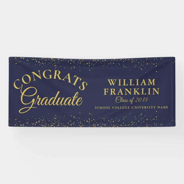 Navy Blue And Gold Glitter Graduation Banner (Horizontal)