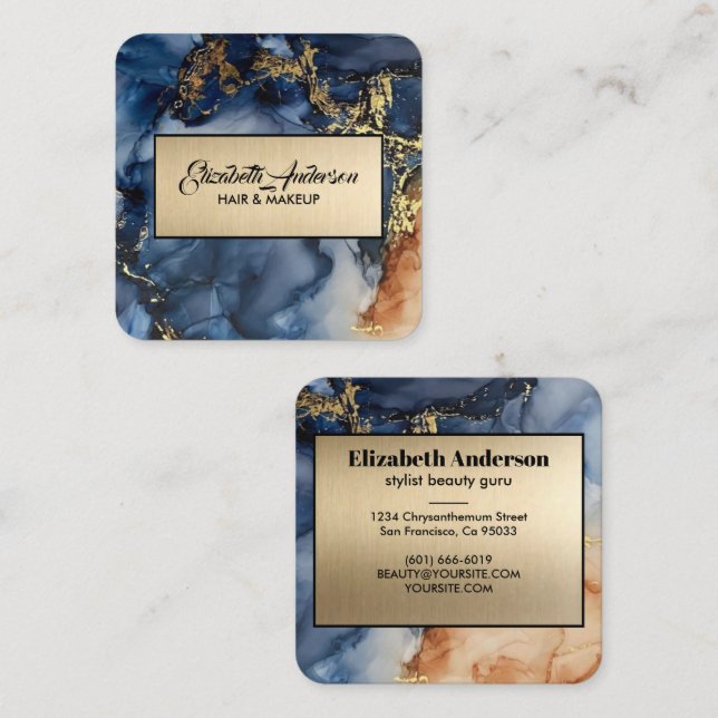 Navy Blue and Gold Glitter Marble Agate Modern Square Business Card (Front/Back)