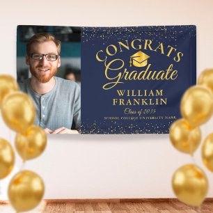 Navy Blue And Gold Glitter Modern Photo Graduation Banner