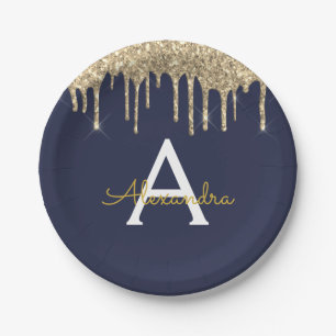 Navy Blue and Gold Glitter Monogram Birthday Paper Plate