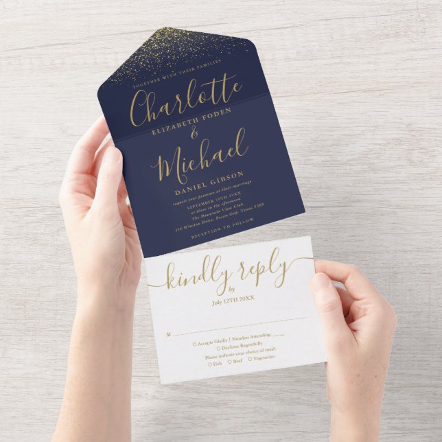 Navy Blue And Gold Glitter Script Wedding All In One Invitation (Tearaway)