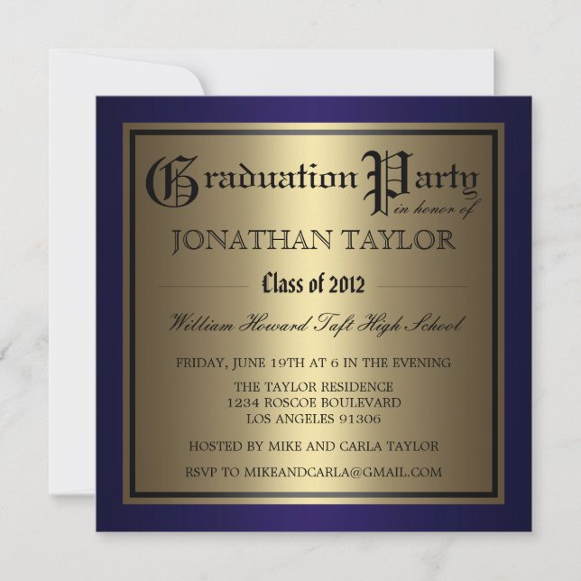 Navy Blue and Gold Graduation Invitation (Front)