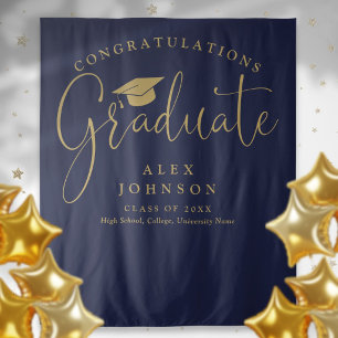 Navy Blue And Gold Graduation Party Photo Backdrop Tapestry