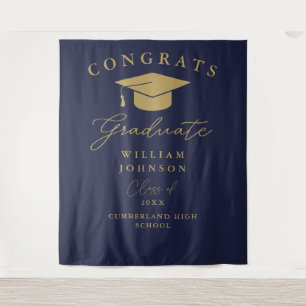 Navy Blue And Gold Graduation Photo Backdrop Tapestry