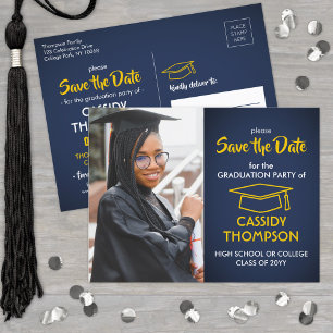 Navy Blue and Gold Graduation Photo Save the Date Postcard