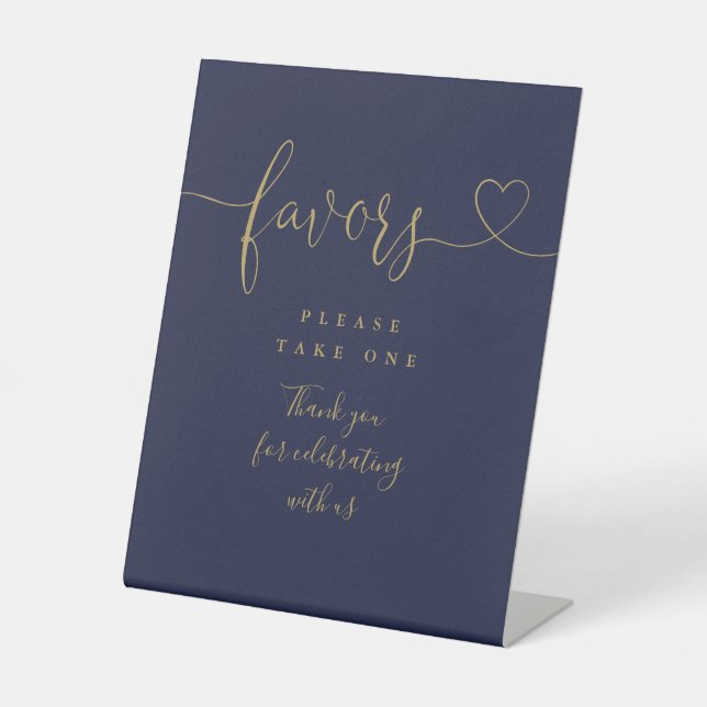 Navy Blue And Gold Heart Script Favours Pedestal Sign (Front)