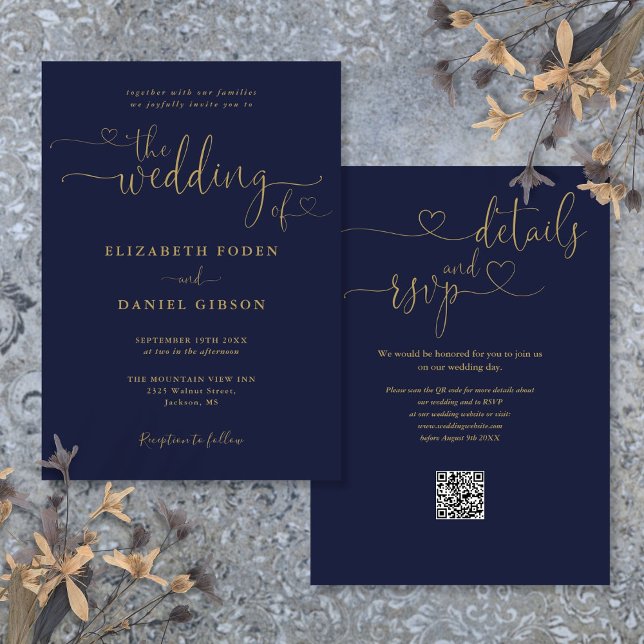 Navy Blue And Gold Heart Script QR Code Wedding Invitation (Navy Blue And Gold Heart Script QR Code Wedding Invitation)