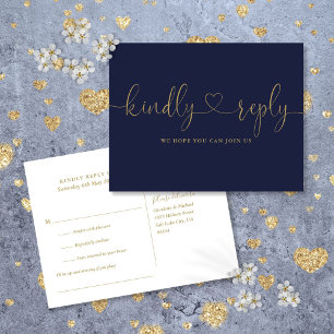 Navy Blue And Gold Heart Script Song Request RSVP Invitation Postcard