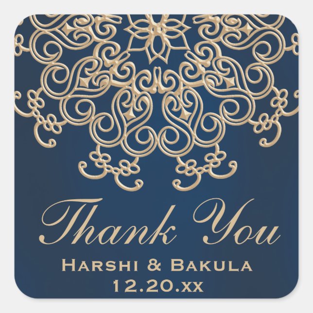 Navy Blue and Gold Indian Style Wedding Thank You Square Sticker (Front)