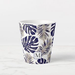 Navy blue and gold leaves and monogram latte mug