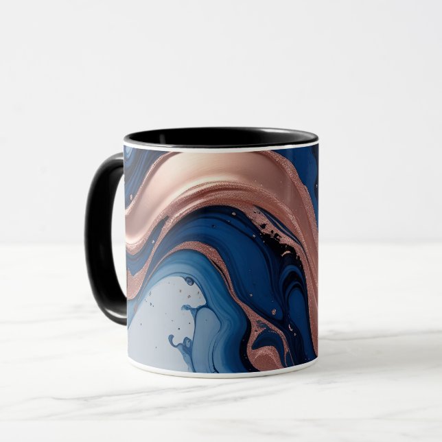 Navy Blue and Gold Liquid Marble Abstract Mug (Front Left)