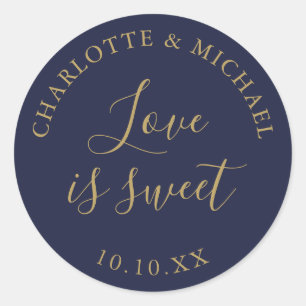 Navy Blue And Gold Love Is Sweet Wedding Favor  Classic Round Sticker