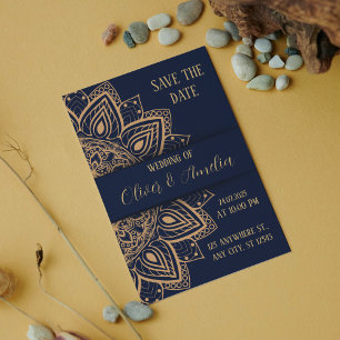 Navy Blue And Gold Luxury Mandala Wedding Invitation