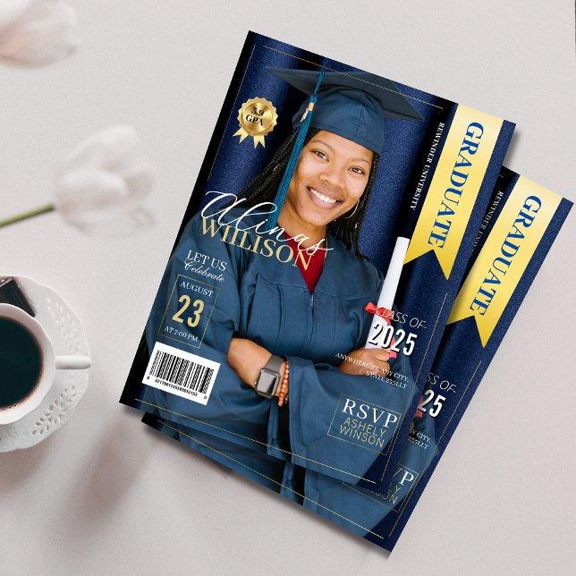Navy blue and gold magazine graduation photo invitation (Creator Uploaded)