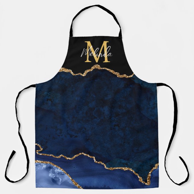 Navy Blue and Gold Marble Agate Apron (Front)