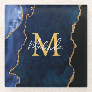 Navy Blue and Gold Marble Agate Glass Coaster