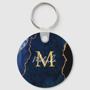 Navy Blue and Gold Marble Agate Keychain