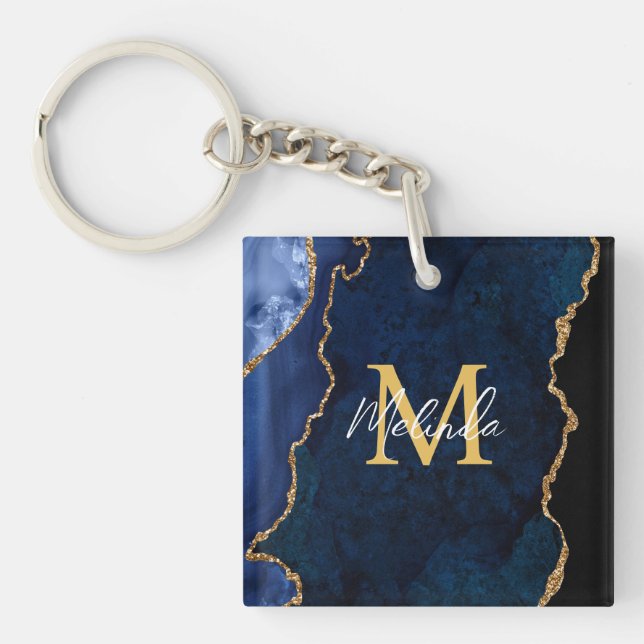 Navy Blue and Gold Marble Agate Keychain (Front)