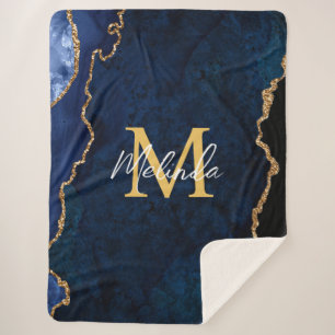 Navy Blue and Gold Marble Agate Sherpa Blanket