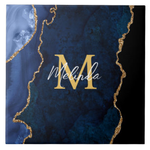 Navy Blue and Gold Marble Agate Tile