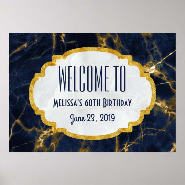 Navy Blue and Gold Marble Modern Birthday Welcome Poster (Front)