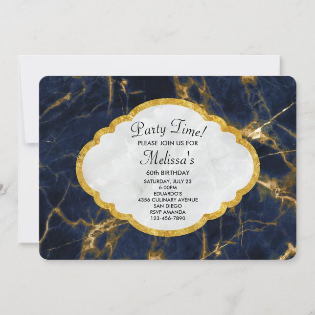 Navy Blue and Gold Marble Modern Stylish Birthday Invitation (Front)