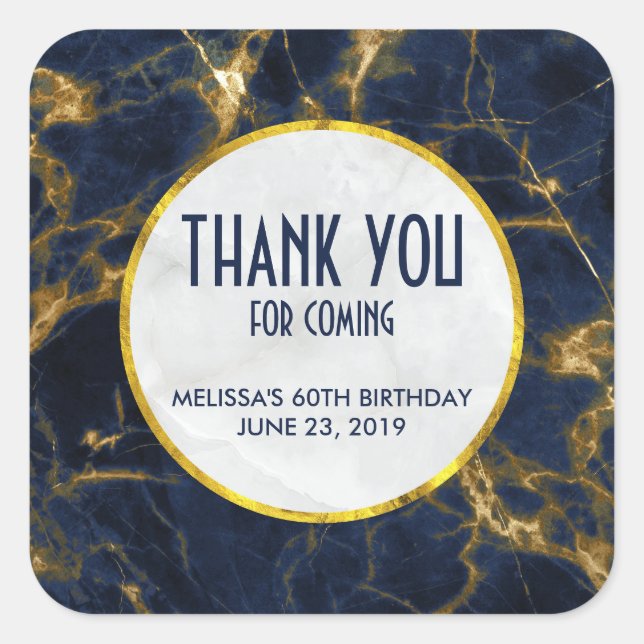 Navy Blue and Gold Marble Modern Stylish Birthday Square Sticker (Front)