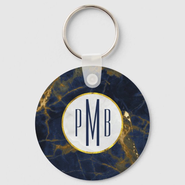 Navy Blue and Gold Marble Modern Stylish Monogram Keychain (Front)