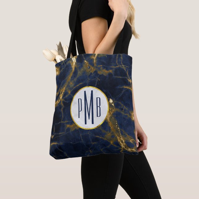 Navy Blue and Gold Marble Modern Stylish Monogram Tote Bag (Close Up)