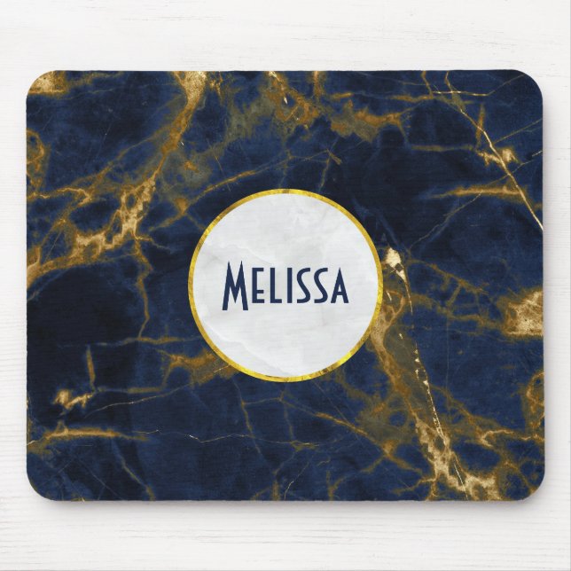 Navy Blue and Gold Marble Modern Stylish Mouse Pad (Front)
