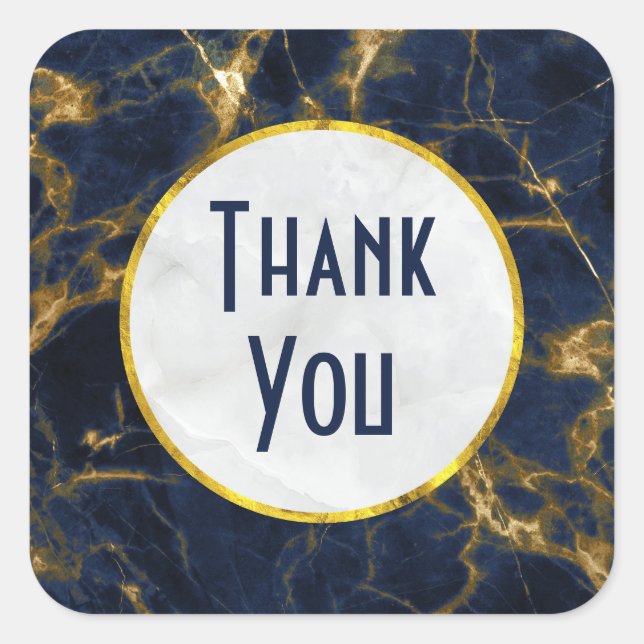 Navy Blue and Gold Marble Modern Stylish Thank You Square Sticker (Front)