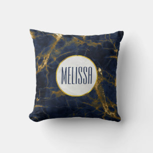 Navy Blue and Gold Marble Modern Stylish Throw Pillow