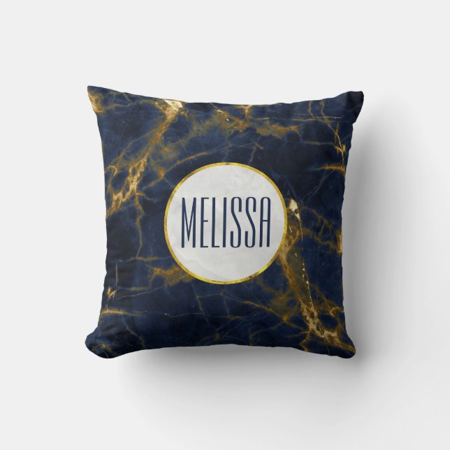 Navy Blue and Gold Marble Modern Stylish Throw Pillow (Front)