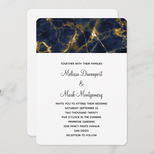 Navy Blue and Gold Marble Modern Stylish Wedding Invitation (Front/Back)
