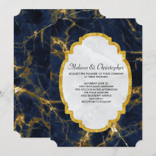 Navy Blue and Gold Marble Modern Stylish Wedding Invitation