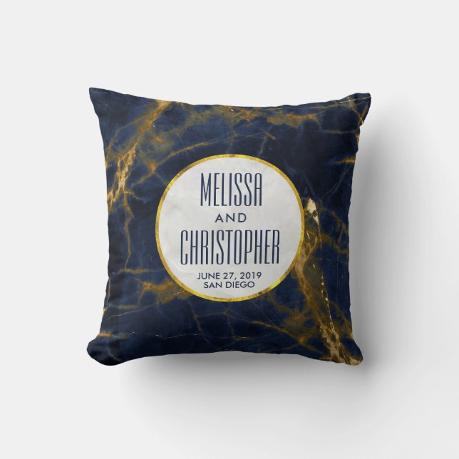 Navy Blue and Gold Marble Modern Stylish Wedding Throw Pillow (Front)